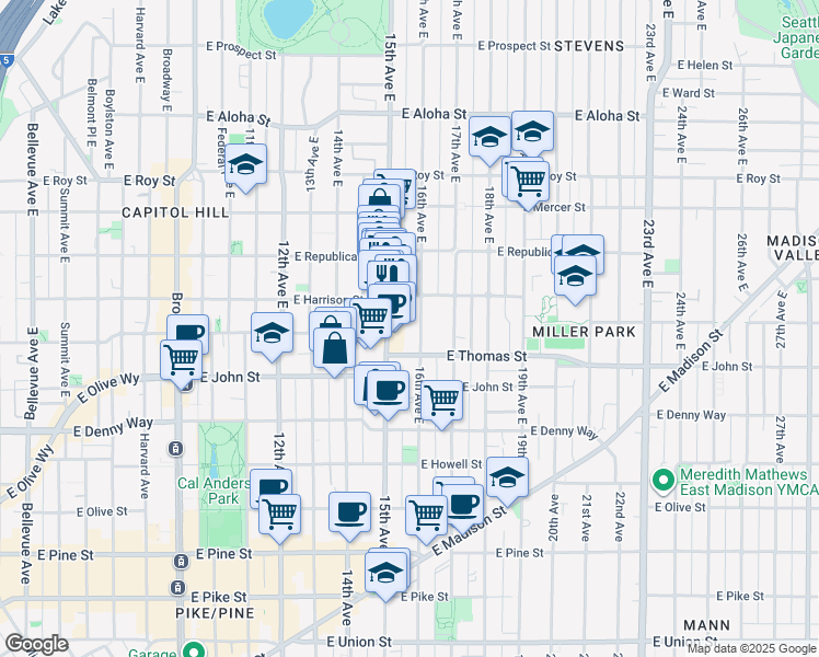 map of restaurants, bars, coffee shops, grocery stores, and more near 303 16th Avenue East in Seattle