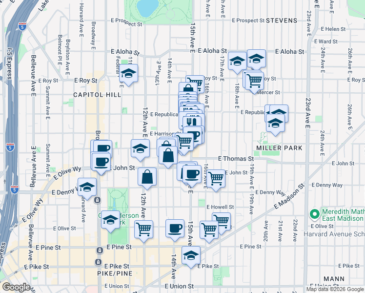 map of restaurants, bars, coffee shops, grocery stores, and more near 1410 East John Street in Seattle