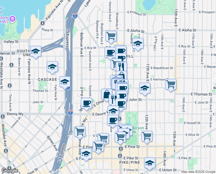 map of restaurants, bars, coffee shops, grocery stores, and more near 819 East Thomas Street in Seattle