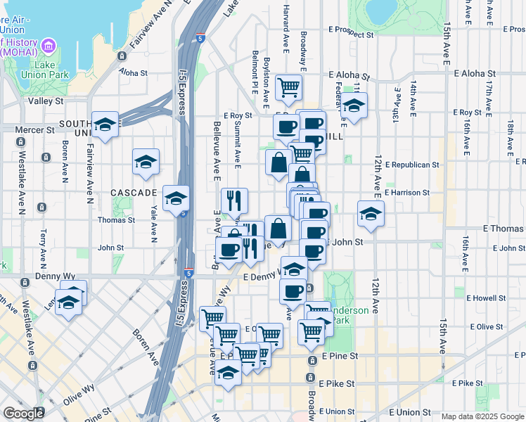 map of restaurants, bars, coffee shops, grocery stores, and more near 219 Boylston Avenue in Seattle