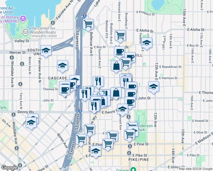 map of restaurants, bars, coffee shops, grocery stores, and more near in Seattle