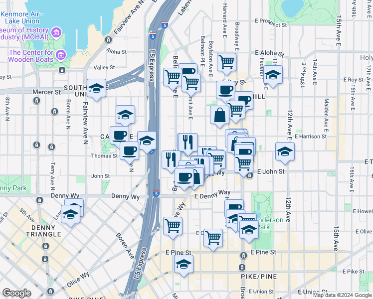 map of restaurants, bars, coffee shops, grocery stores, and more near 226 Summit Avenue East in Seattle