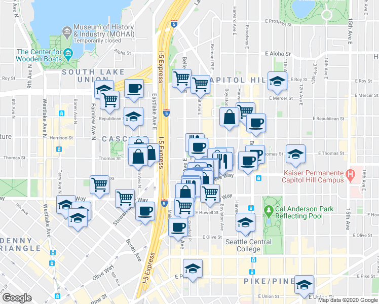 map of restaurants, bars, coffee shops, grocery stores, and more near 239 Bellevue Avenue East in Seattle