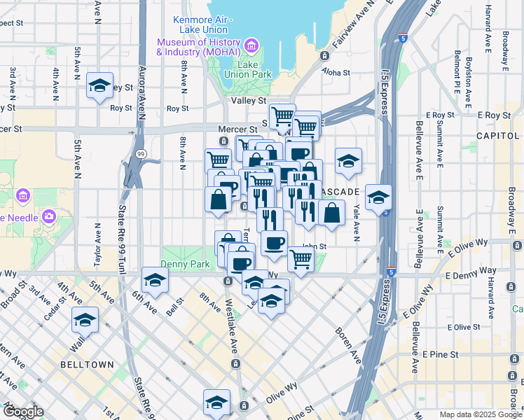 map of restaurants, bars, coffee shops, grocery stores, and more near 333 Boren Avenue North in Seattle