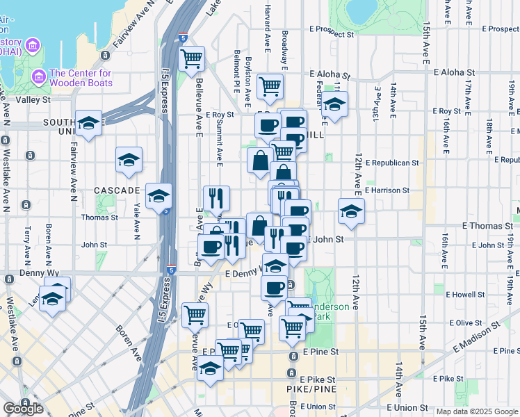 map of restaurants, bars, coffee shops, grocery stores, and more near 704 East Thomas Street in Seattle