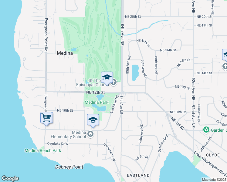 map of restaurants, bars, coffee shops, grocery stores, and more near 8400 Northeast 12th Street in Medina