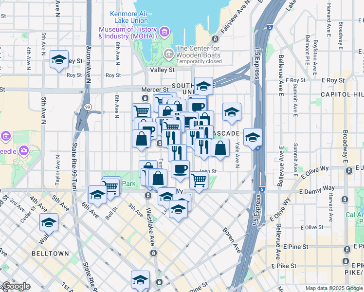 map of restaurants, bars, coffee shops, grocery stores, and more near 300 Boren Avenue North in Seattle