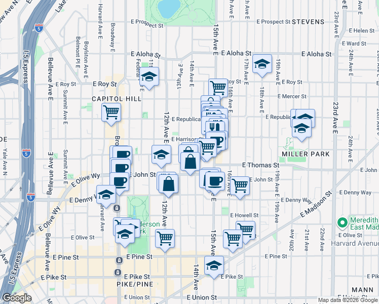 map of restaurants, bars, coffee shops, grocery stores, and more near 431 14th Avenue East in Seattle