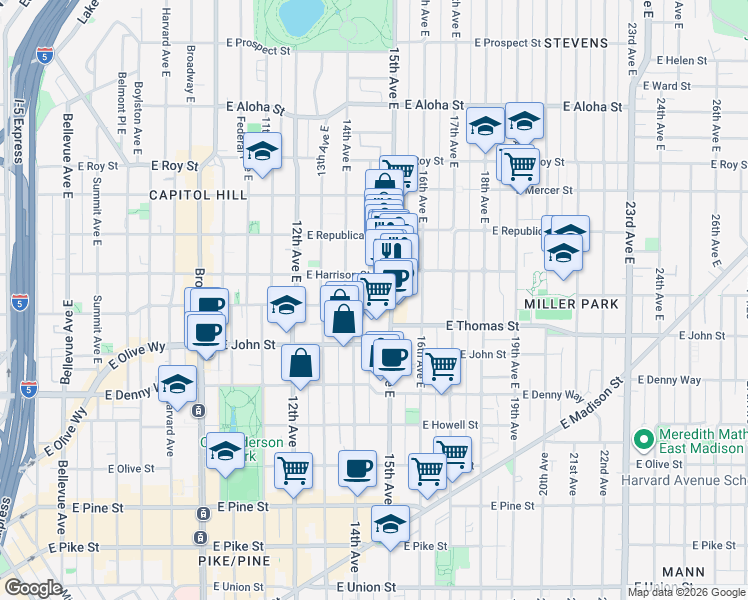 map of restaurants, bars, coffee shops, grocery stores, and more near 1410 East John Street in Seattle