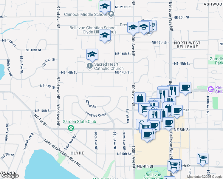 map of restaurants, bars, coffee shops, grocery stores, and more near 9723 Northeast 13th Street in Clyde Hill