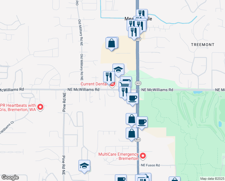 map of restaurants, bars, coffee shops, grocery stores, and more near 1344 Northeast McWilliams Road in Bremerton