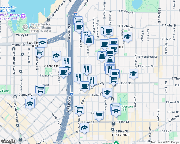 map of restaurants, bars, coffee shops, grocery stores, and more near 308 Summit Avenue East in Seattle
