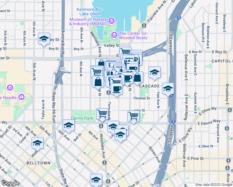 map of restaurants, bars, coffee shops, grocery stores, and more near 333 Boren Avenue North in Seattle