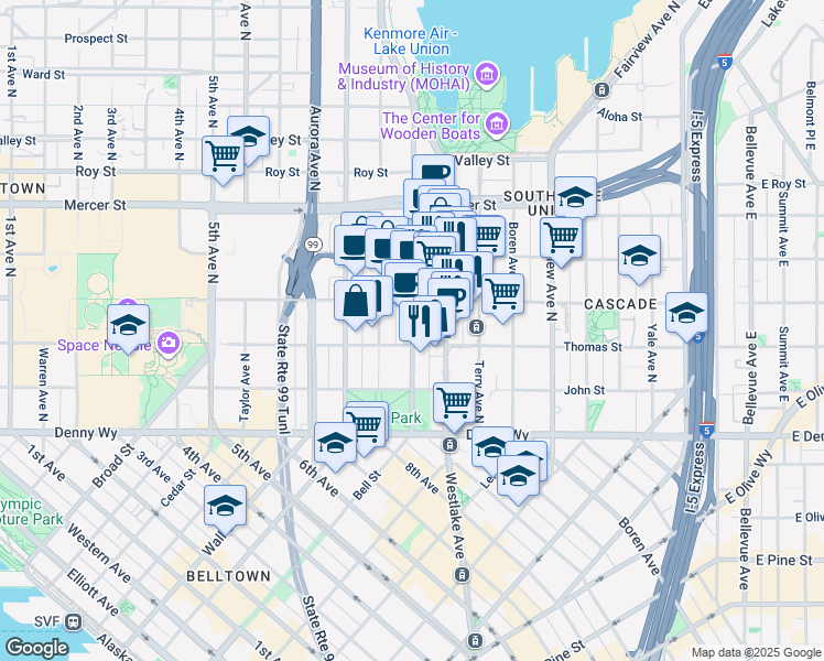 map of restaurants, bars, coffee shops, grocery stores, and more near 325 9th Avenue North in Seattle