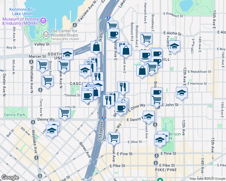 map of restaurants, bars, coffee shops, grocery stores, and more near 404 East Harrison Street in Seattle