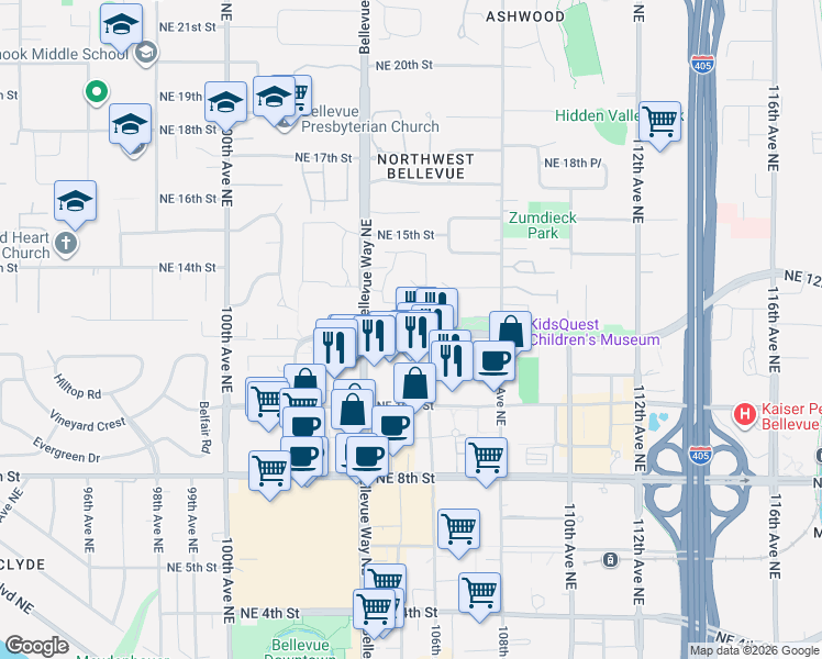 map of restaurants, bars, coffee shops, grocery stores, and more near 10570 Northeast 12th Street in Bellevue