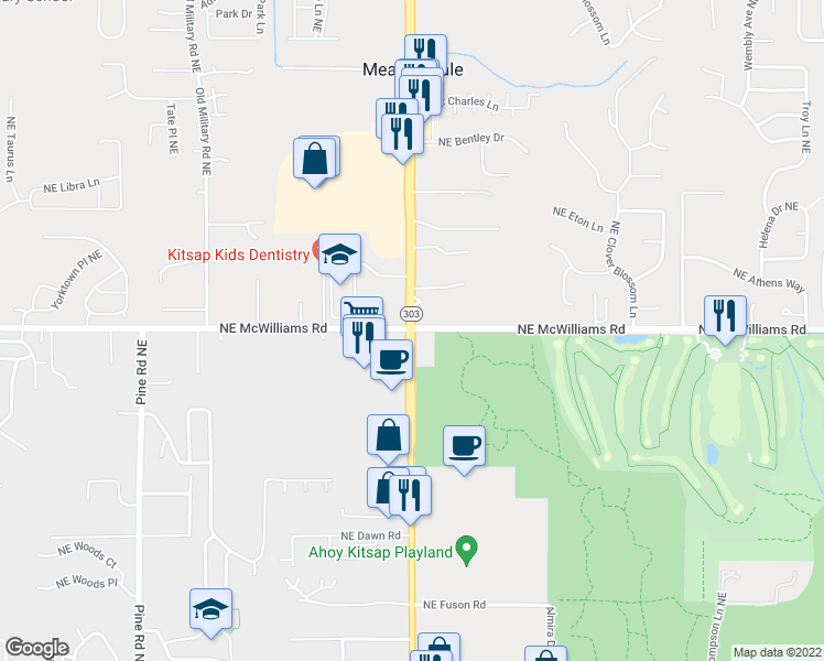 map of restaurants, bars, coffee shops, grocery stores, and more near Hwy 303 & NE McWilliams Rd in Kitsap