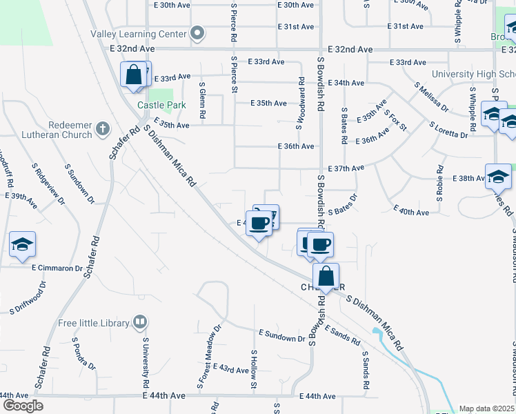 map of restaurants, bars, coffee shops, grocery stores, and more near 3807 South Moffitt Road in Spokane Valley