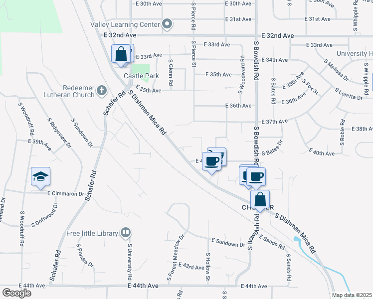 map of restaurants, bars, coffee shops, grocery stores, and more near 11014 East 38th Avenue in Spokane Valley