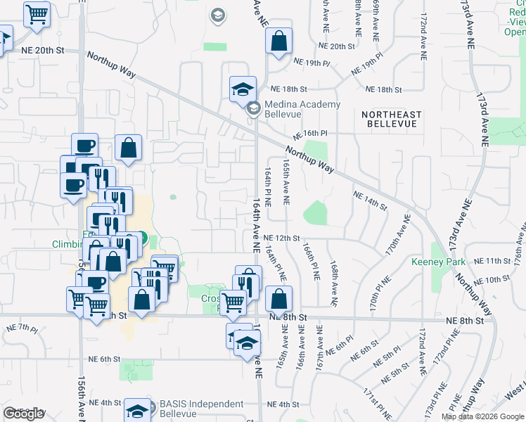 map of restaurants, bars, coffee shops, grocery stores, and more near 1338 164th Place Northeast in Bellevue