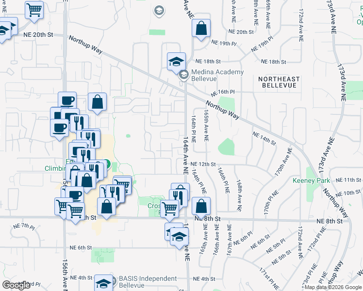 map of restaurants, bars, coffee shops, grocery stores, and more near 16241 Northeast 13th Place in Bellevue