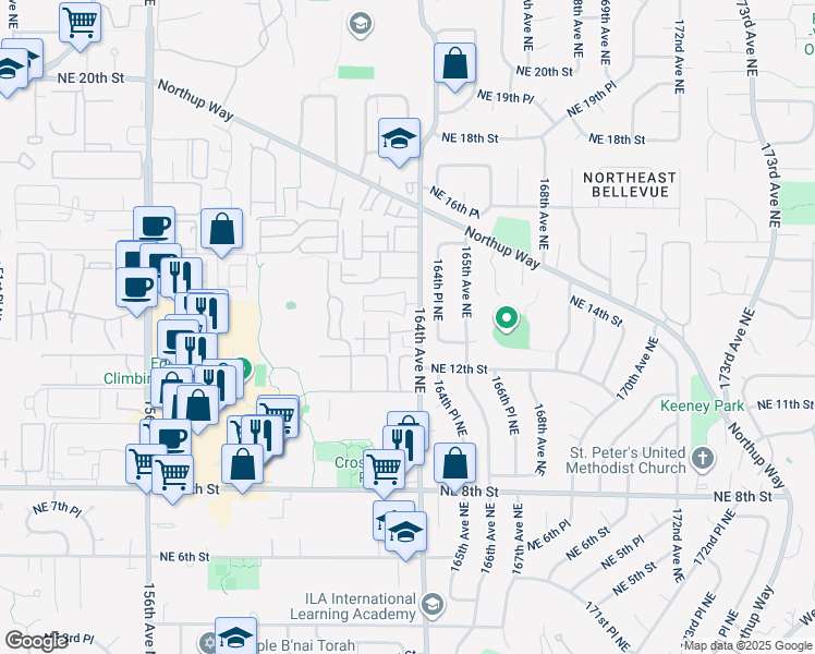 map of restaurants, bars, coffee shops, grocery stores, and more near 16241 Northeast 13th Place in Bellevue