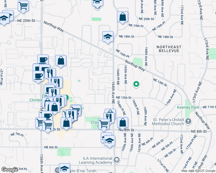 map of restaurants, bars, coffee shops, grocery stores, and more near 16241 Northeast 13th Place in Bellevue