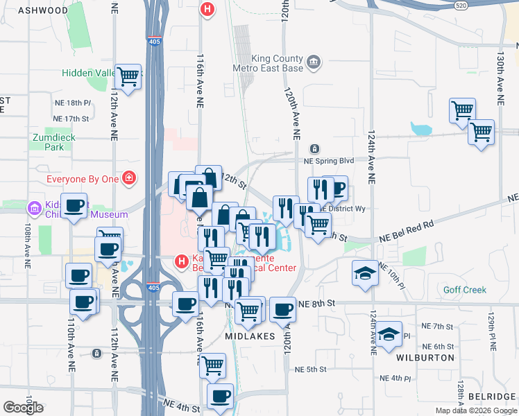 map of restaurants, bars, coffee shops, grocery stores, and more near 1239 120th Avenue Northeast in Bellevue