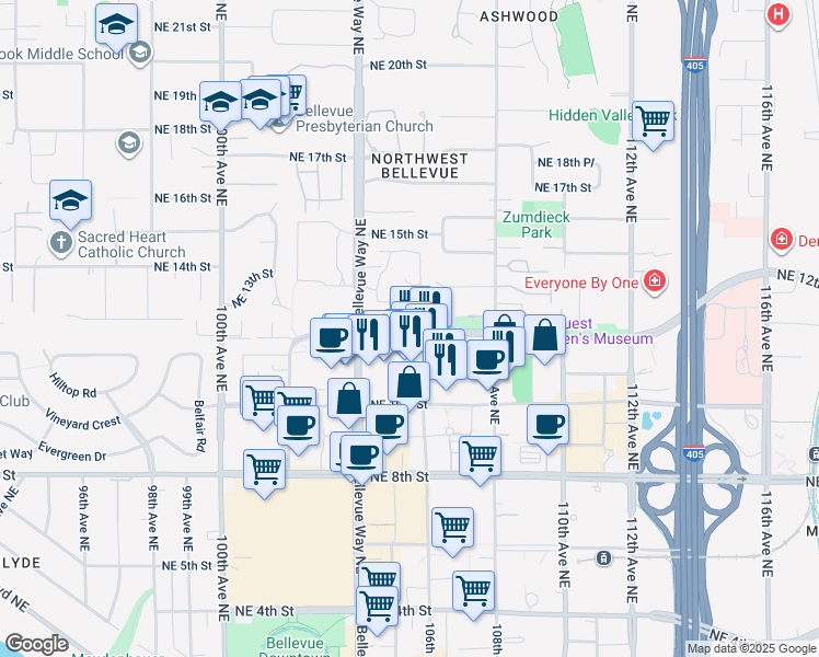 map of restaurants, bars, coffee shops, grocery stores, and more near 1231 106th Place Northeast in Bellevue