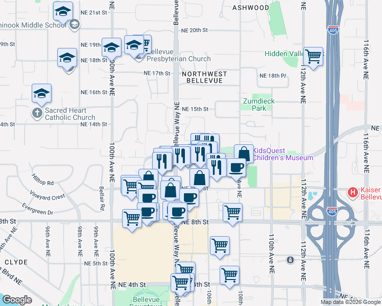 map of restaurants, bars, coffee shops, grocery stores, and more near 1270 Bellevue Way Northeast in Bellevue