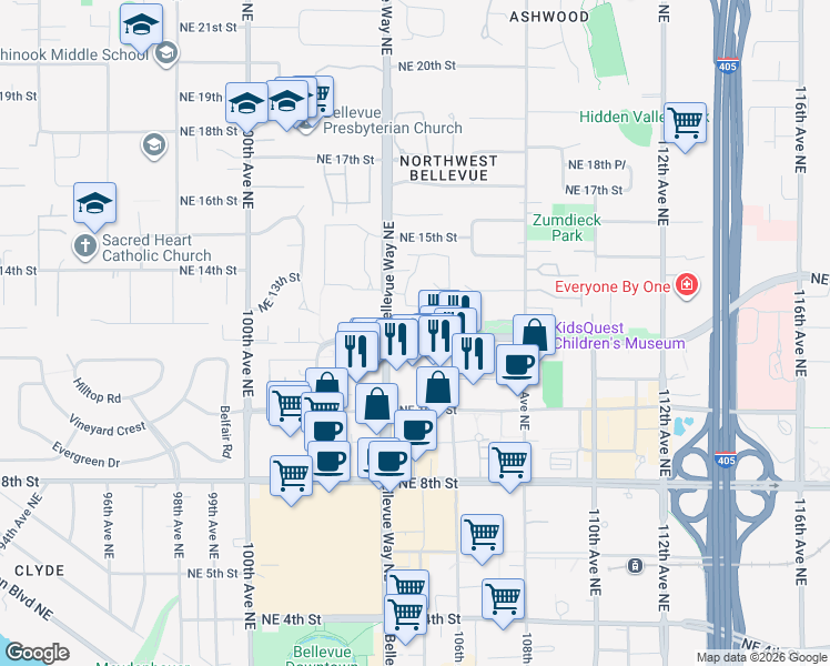 map of restaurants, bars, coffee shops, grocery stores, and more near 1270 Bellevue Way Northeast in Bellevue