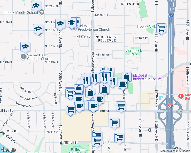 map of restaurants, bars, coffee shops, grocery stores, and more near 1270 Bellevue Way Northeast in Bellevue