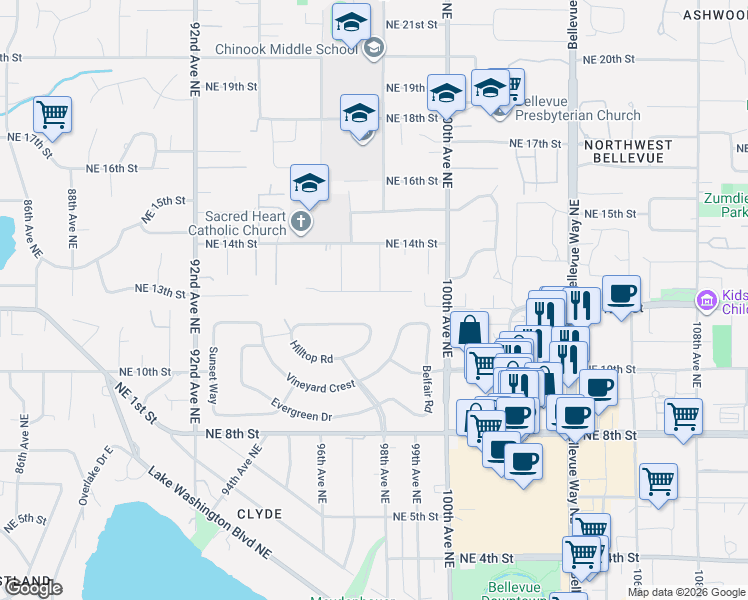 map of restaurants, bars, coffee shops, grocery stores, and more near 1318 98th Avenue Northeast in Bellevue