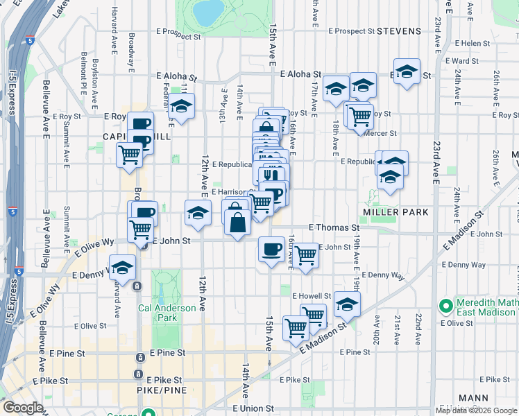 map of restaurants, bars, coffee shops, grocery stores, and more near 401 15th Avenue East in Seattle