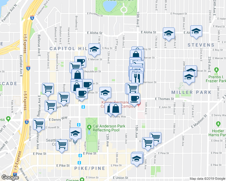 map of restaurants, bars, coffee shops, grocery stores, and more near 403 13th Avenue East in Seattle