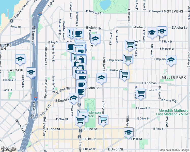 map of restaurants, bars, coffee shops, grocery stores, and more near 1017 East Harrison Street in Seattle