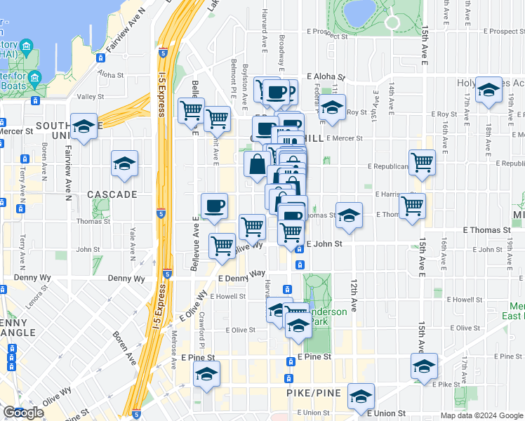 map of restaurants, bars, coffee shops, grocery stores, and more near 401 Harvard Avenue East in Seattle