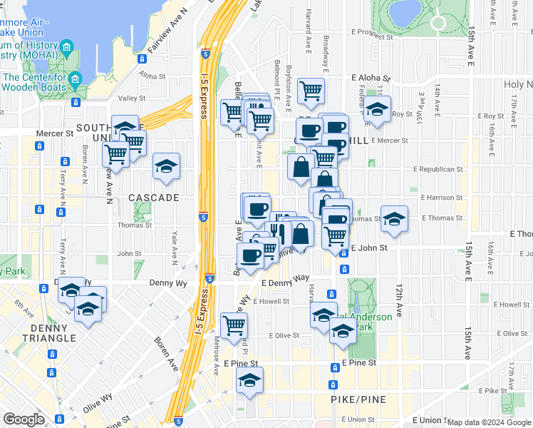 map of restaurants, bars, coffee shops, grocery stores, and more near 502 East Harrison Street in Seattle