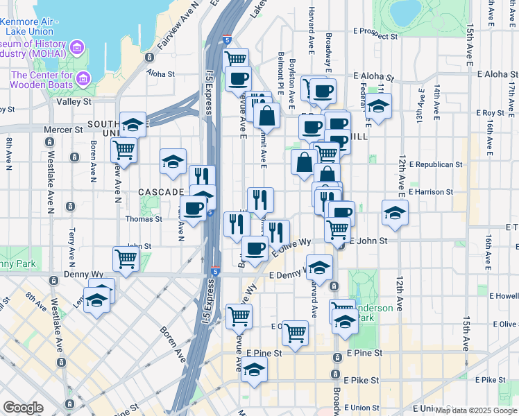 map of restaurants, bars, coffee shops, grocery stores, and more near 502 East Harrison Street in Seattle