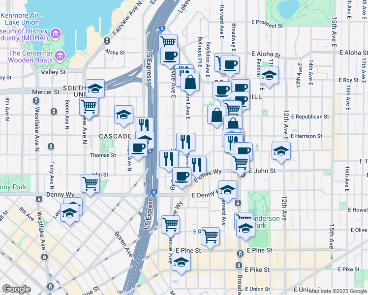 map of restaurants, bars, coffee shops, grocery stores, and more near 502 East Harrison Street in Seattle