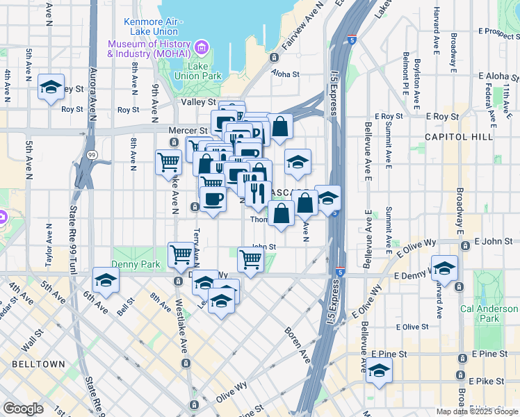 map of restaurants, bars, coffee shops, grocery stores, and more near 330 Fairview Avenue North in Seattle