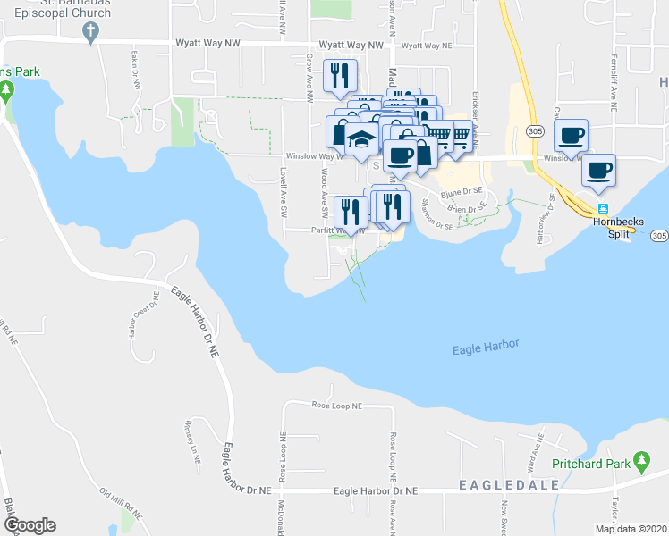 map of restaurants, bars, coffee shops, grocery stores, and more near 445 Wood Avenue Southwest in Bainbridge Island
