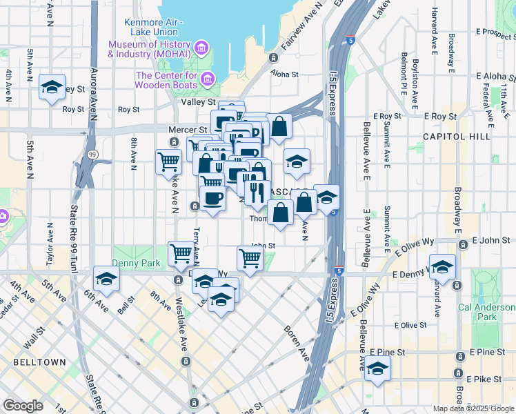 map of restaurants, bars, coffee shops, grocery stores, and more near 330 Fairview Avenue North in Seattle