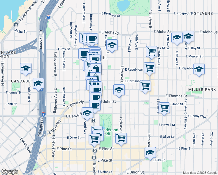 map of restaurants, bars, coffee shops, grocery stores, and more near 1052 East Thomas Street in Seattle