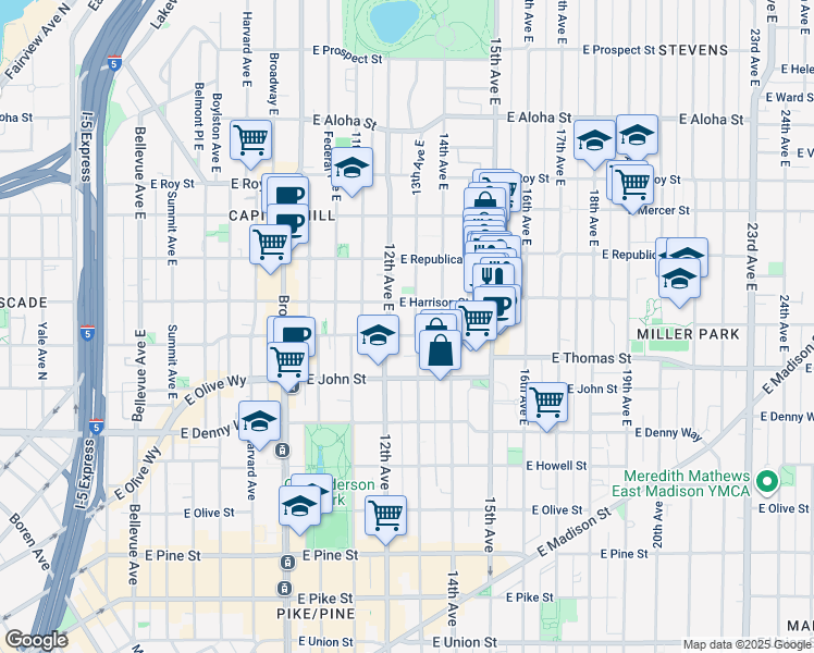 map of restaurants, bars, coffee shops, grocery stores, and more near 303 13th Avenue East in Seattle