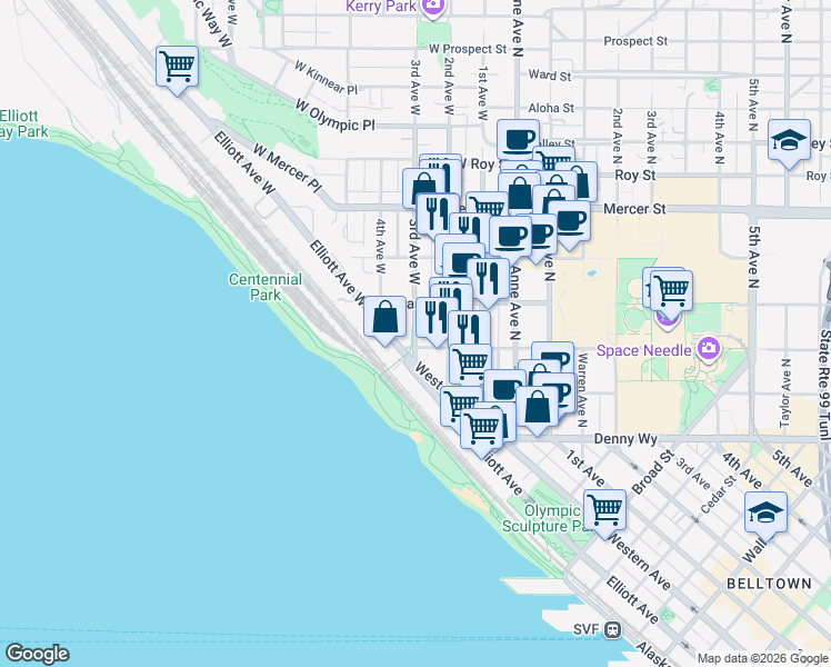 map of restaurants, bars, coffee shops, grocery stores, and more near 330 3rd Ave W in Seattle
