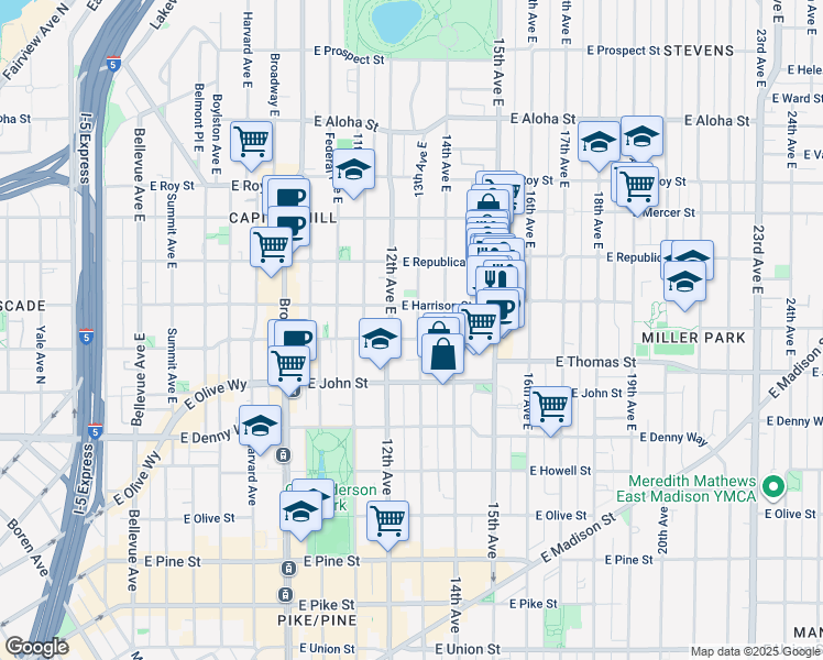map of restaurants, bars, coffee shops, grocery stores, and more near 303 13th Avenue East in Seattle