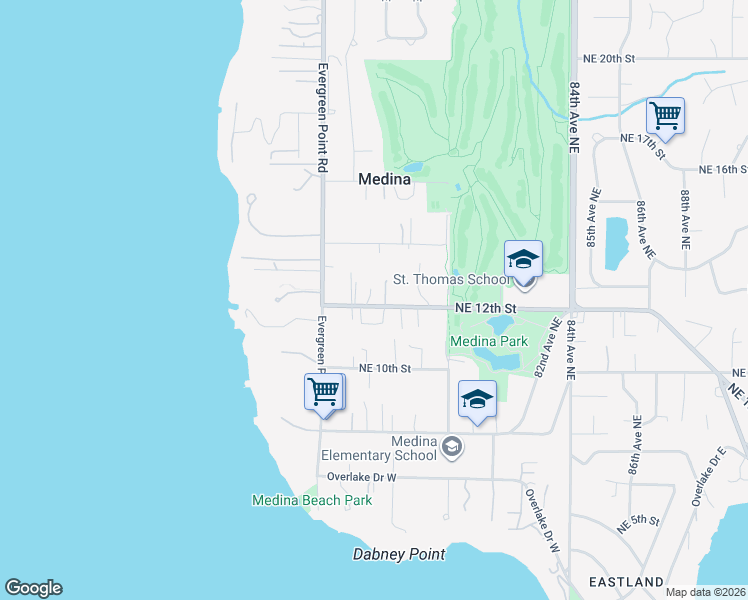 map of restaurants, bars, coffee shops, grocery stores, and more near 7652 Northeast 12th Street in Medina