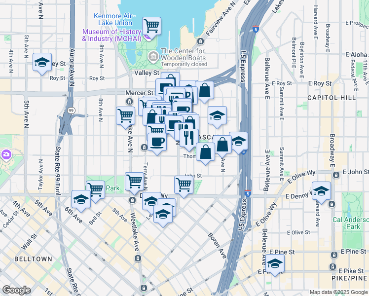 map of restaurants, bars, coffee shops, grocery stores, and more near 318 Fairview Avenue North in Seattle