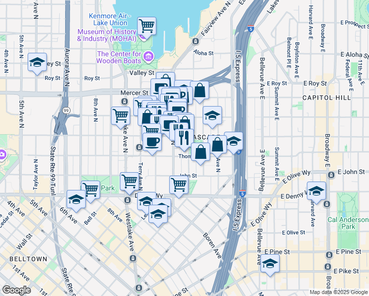 map of restaurants, bars, coffee shops, grocery stores, and more near 301 Minor Avenue North in Seattle